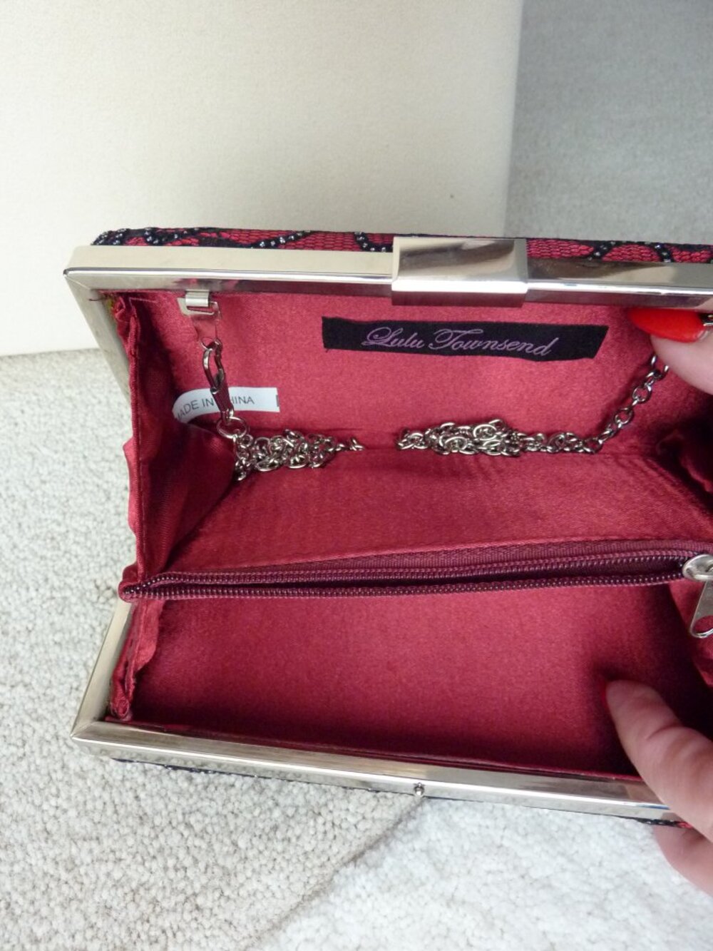 LULU TOWNSEND Red Satin Black Lace Hard Case handbag purse clutch Silver Chain - Picture 9 of 15